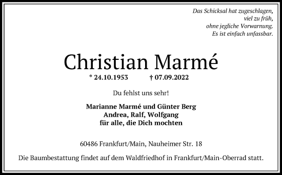 Traueranzeige von Christian Marmé von FNP