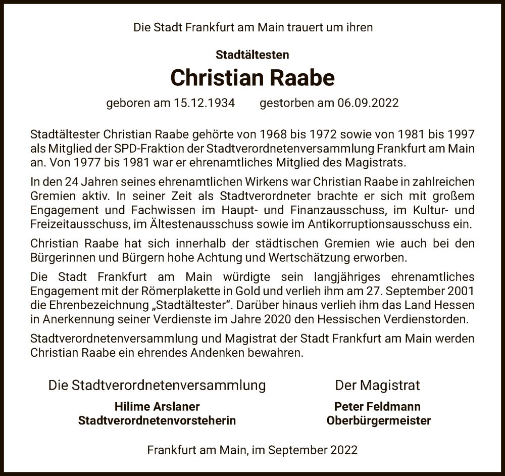  Traueranzeige für Christian Raabe vom 16.09.2022 aus FNP
