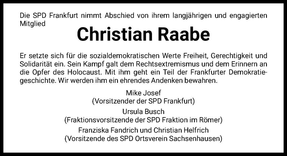  Traueranzeige für Christian Raabe vom 17.09.2022 aus FNP