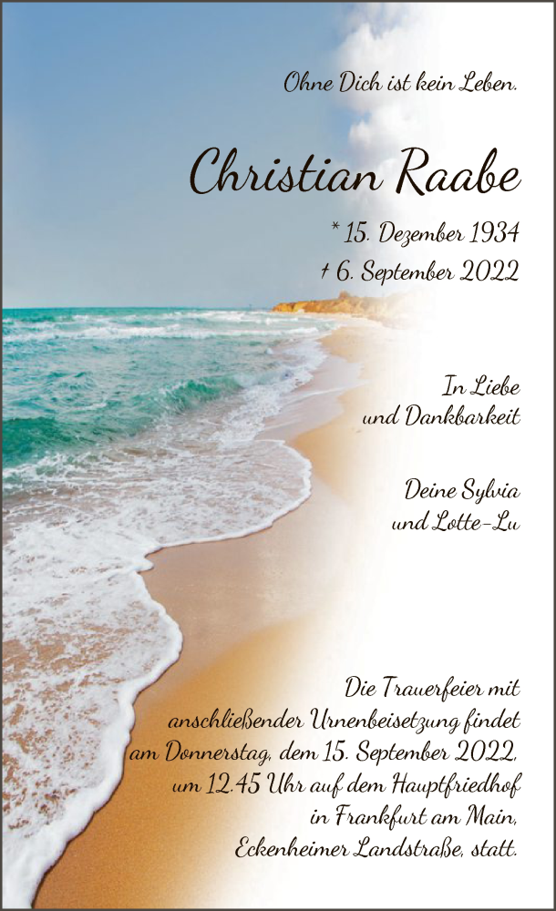  Traueranzeige für Christian Raabe vom 09.09.2022 aus FNP