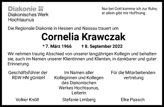 Traueranzeige von Cornelia Krawczak von FNP