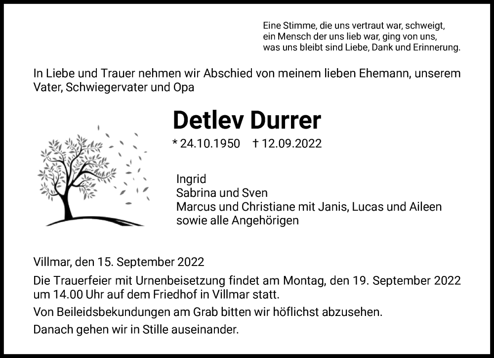  Traueranzeige für Detlev Durrer vom 15.09.2022 aus FNP