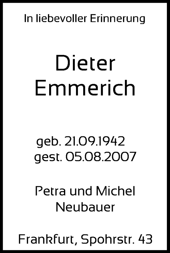 Traueranzeige von Dieter Emmerich von FNP