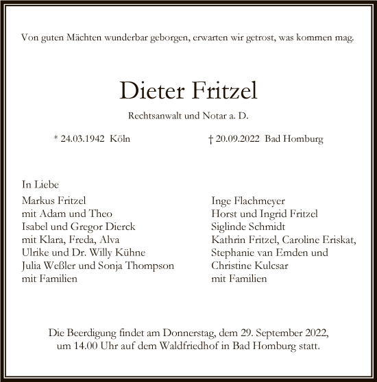 Traueranzeige von Dieter Fritzel von FNP