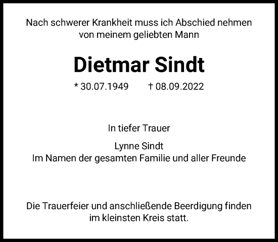 Traueranzeige von Dietmar Sindt von FNP