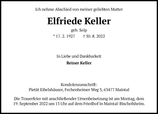 Traueranzeige von Elfriede Keller von FNP