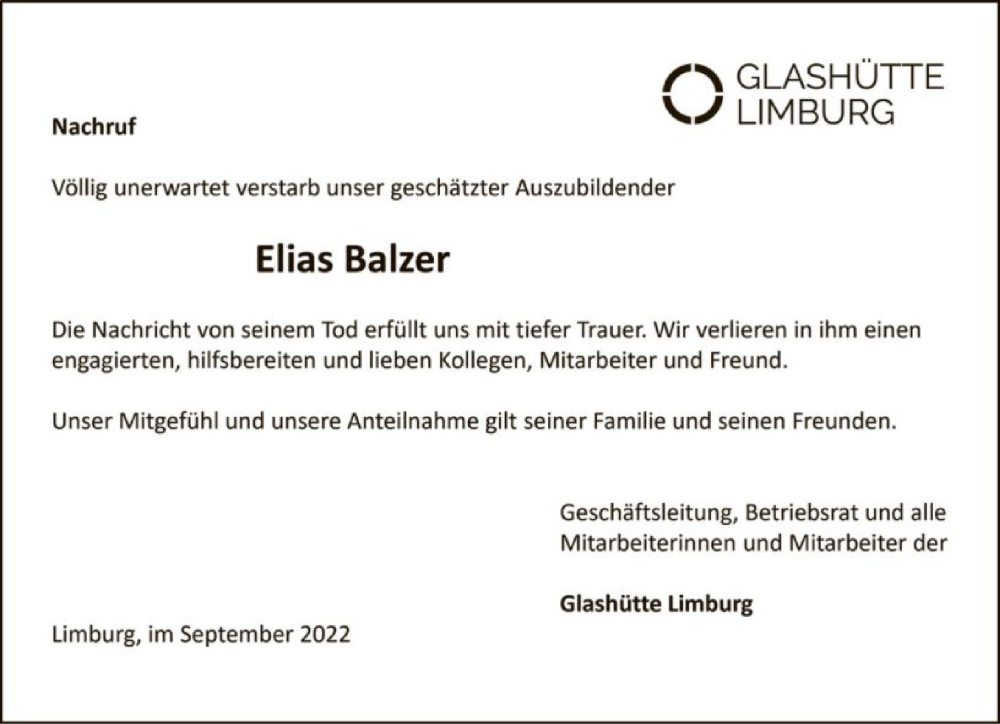  Traueranzeige für Elias Balzer vom 30.09.2022 aus FNP