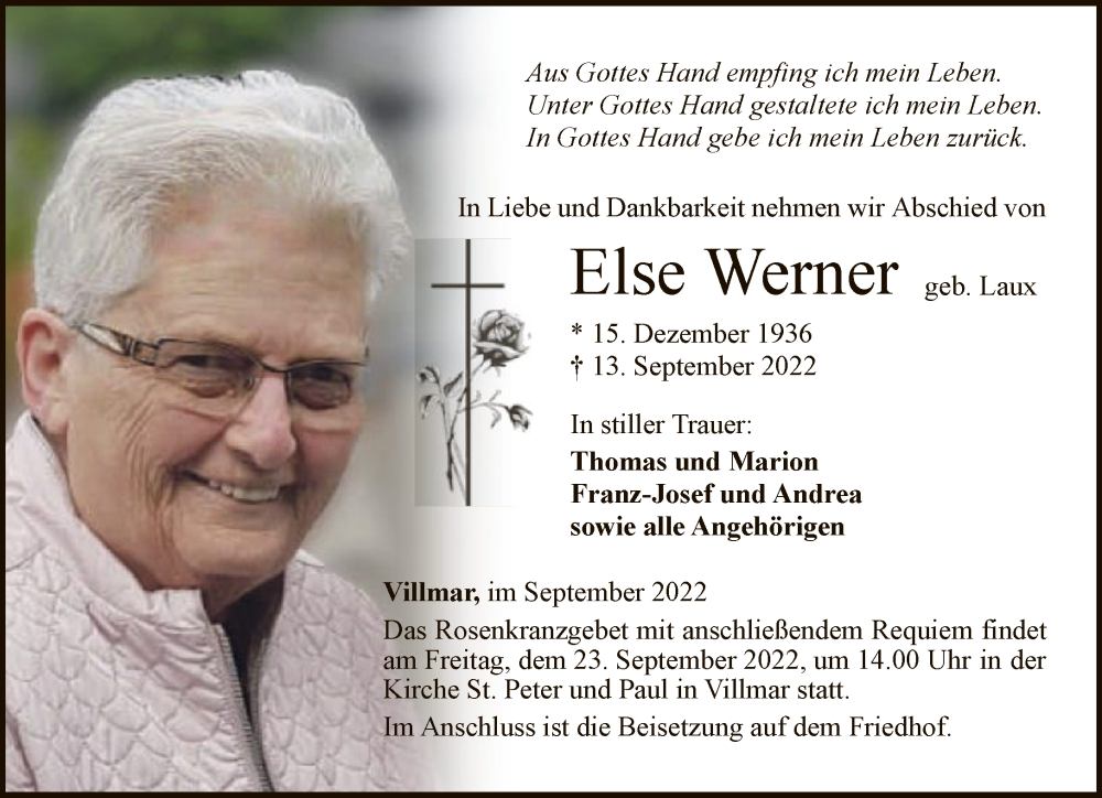  Traueranzeige für Else Werner vom 17.09.2022 aus FNP
