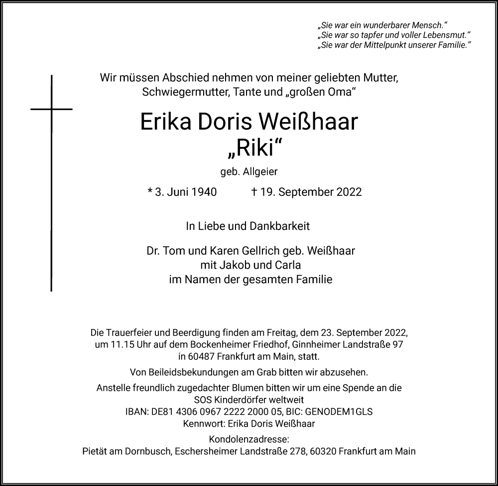  Traueranzeige für Erika Doris vom 21.09.2022 aus FNP