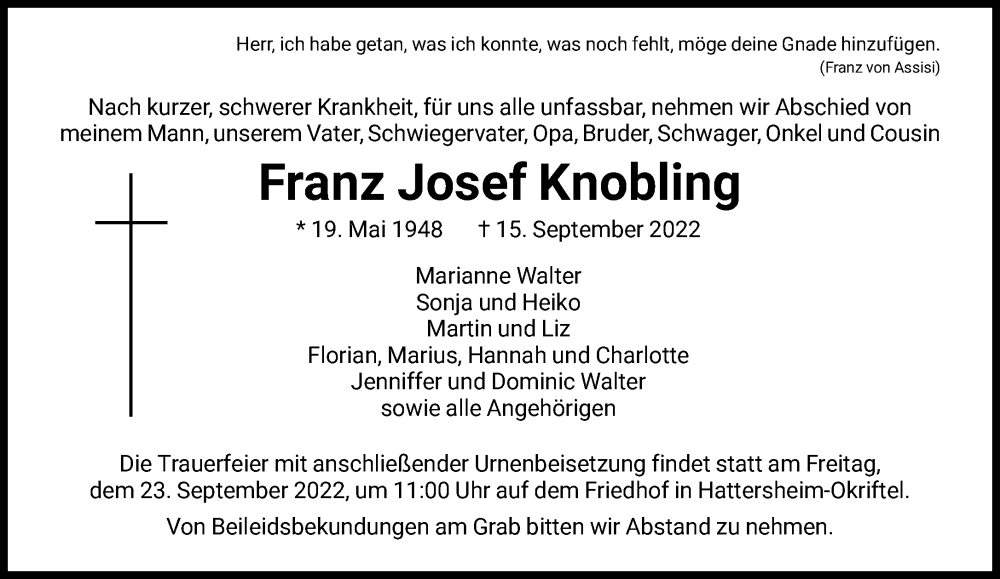  Traueranzeige für Franz Josef Knobling vom 21.09.2022 aus FNP