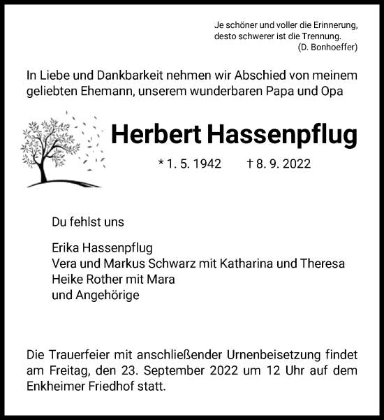 Traueranzeige von Herbert Hassenpflug von FNP