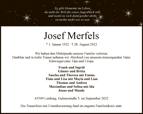 Traueranzeige von Josef Merfels von FNP