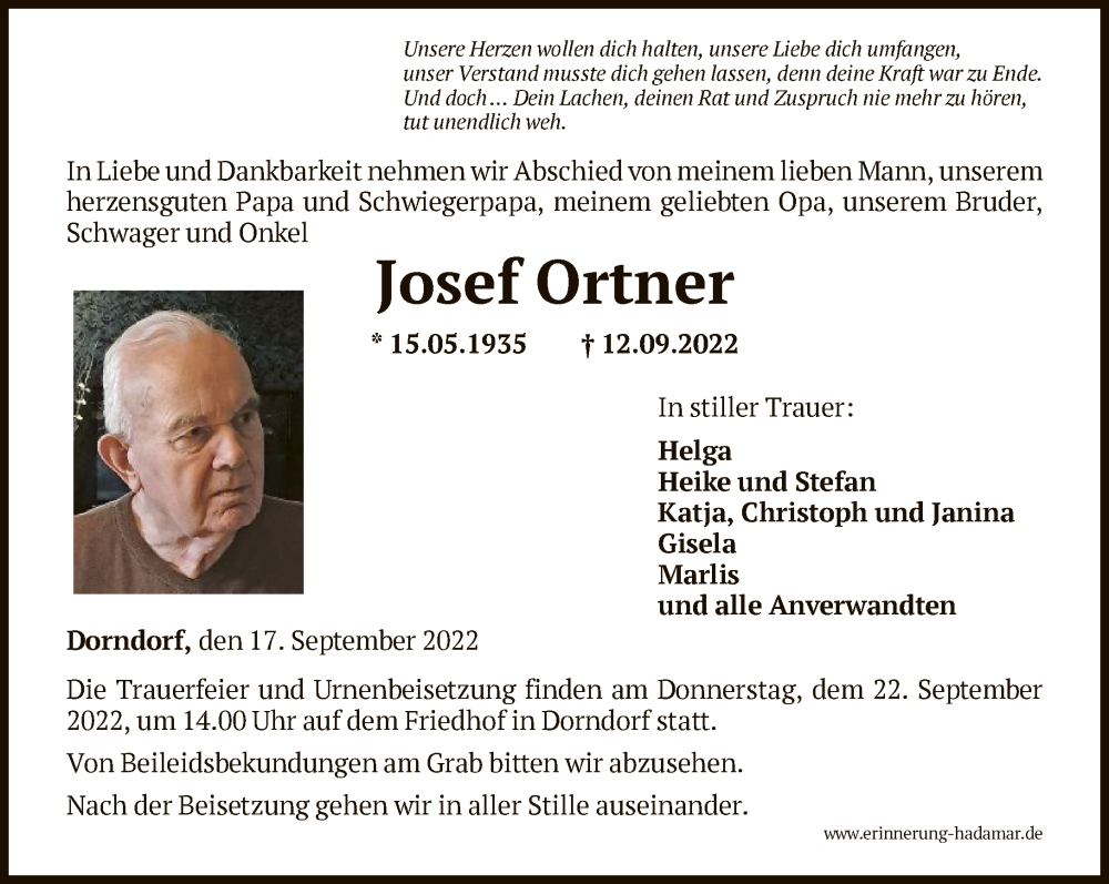  Traueranzeige für Josef Ortner vom 17.09.2022 aus FNP
