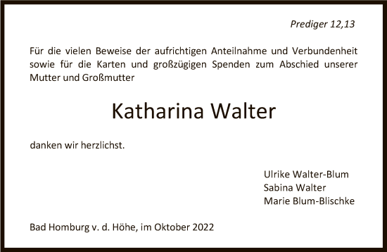 Traueranzeige von Katharina Walter von FNP