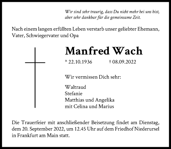 Traueranzeige von Manfred Wach von FNP