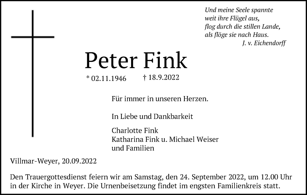  Traueranzeige für Peter Fink vom 22.09.2022 aus FNP