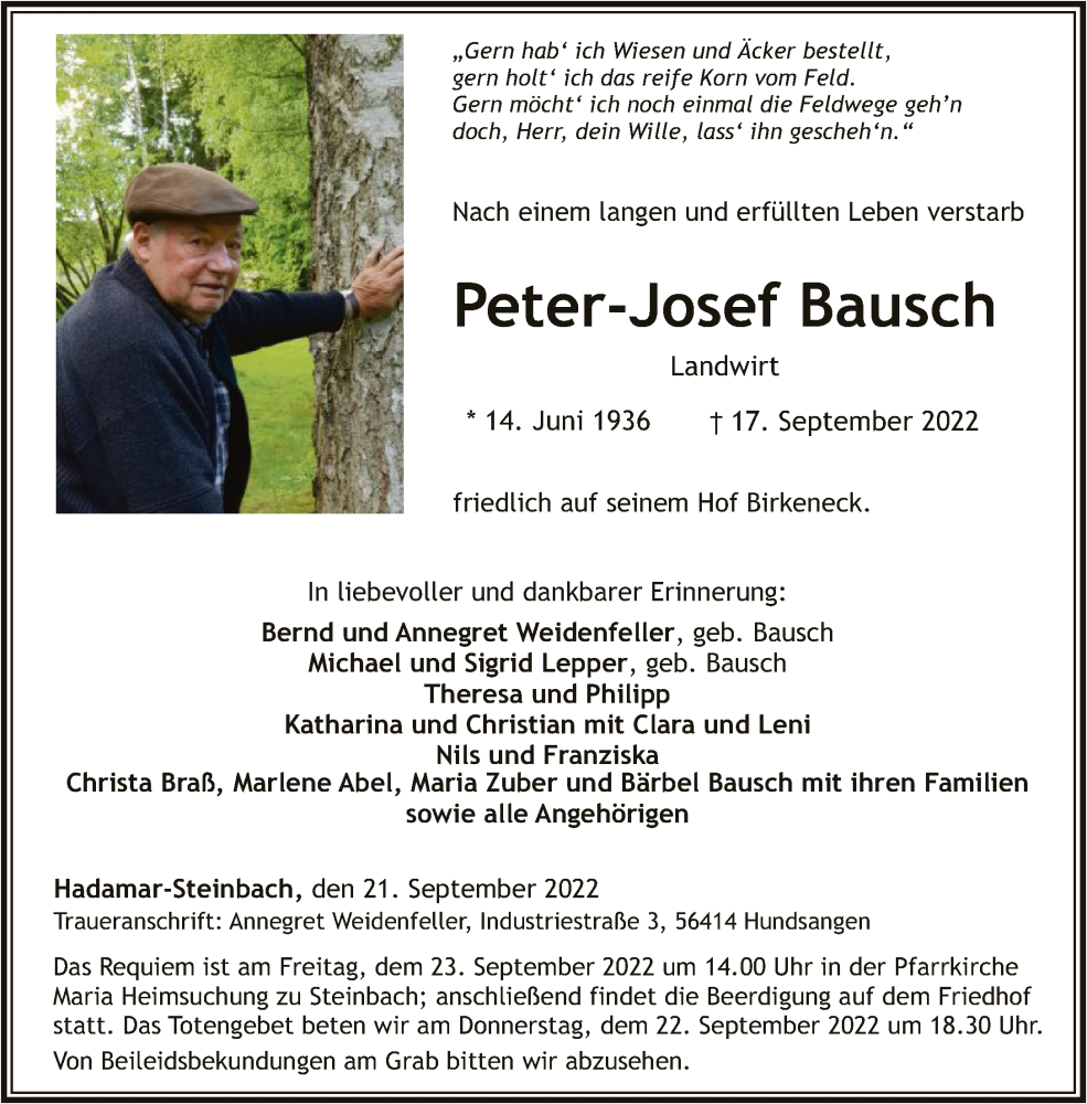  Traueranzeige für Peter-Josef Bausch vom 21.09.2022 aus FNP
