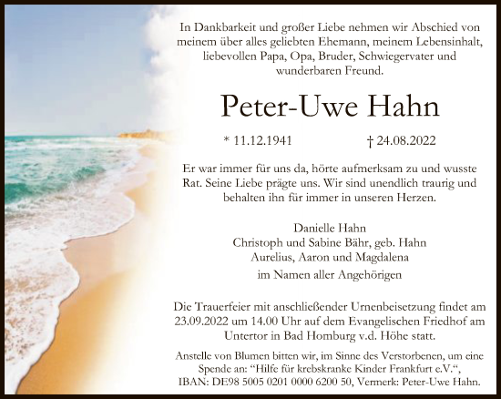 Traueranzeige von Peter-Uwe Hahn von FNP