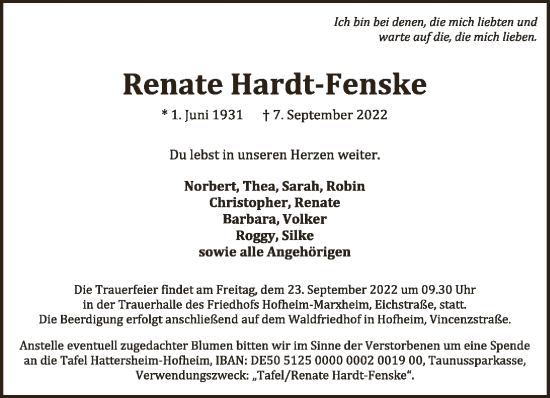 Traueranzeige von Renate Hardt-Fenske von FNP