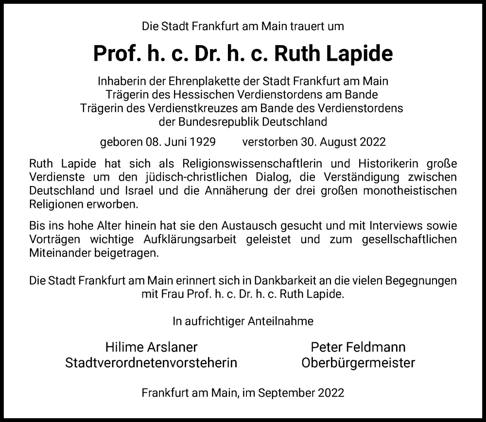  Traueranzeige für Ruth Lapide vom 03.09.2022 aus FNP