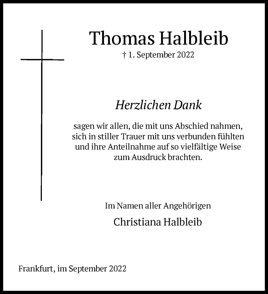  Traueranzeige für Thomas Halbleib vom 24.09.2022 aus FNP