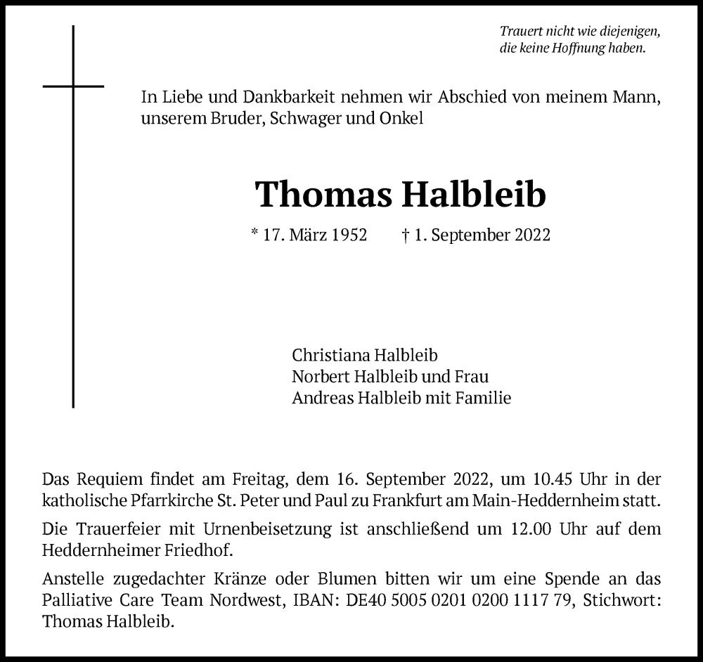  Traueranzeige für Thomas Halbleib vom 07.09.2022 aus FNP