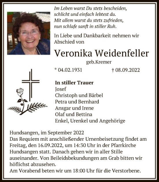 Traueranzeige von Veronika Weidenfeller von FNP