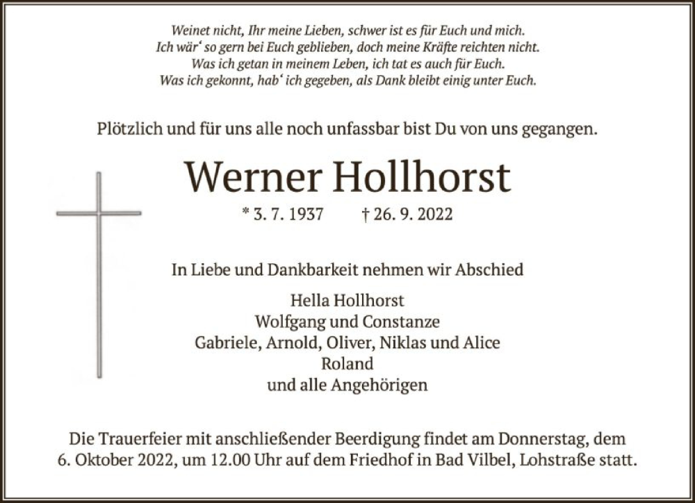  Traueranzeige für Werner Hollhorst vom 01.10.2022 aus FNP