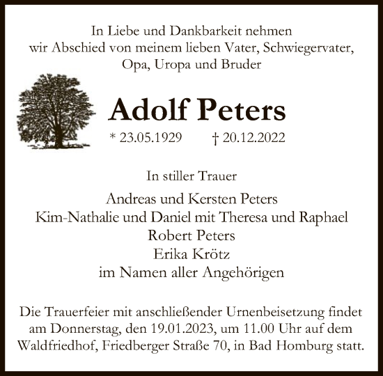 Traueranzeige von Adolf Peters von FNP