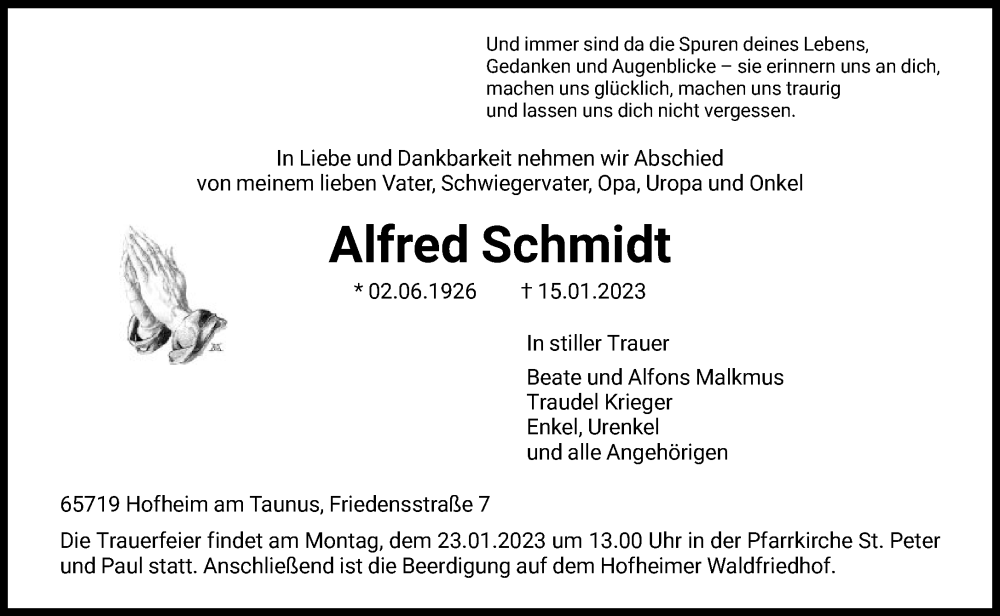  Traueranzeige für Alfred Schmidt vom 20.01.2023 aus FNP