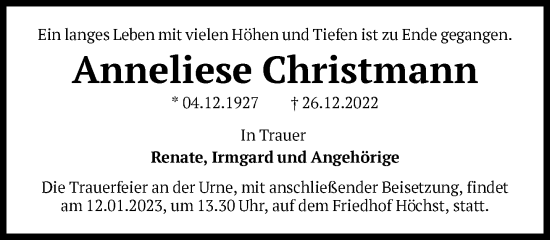 Traueranzeige von Anneliese Christmann von FNP