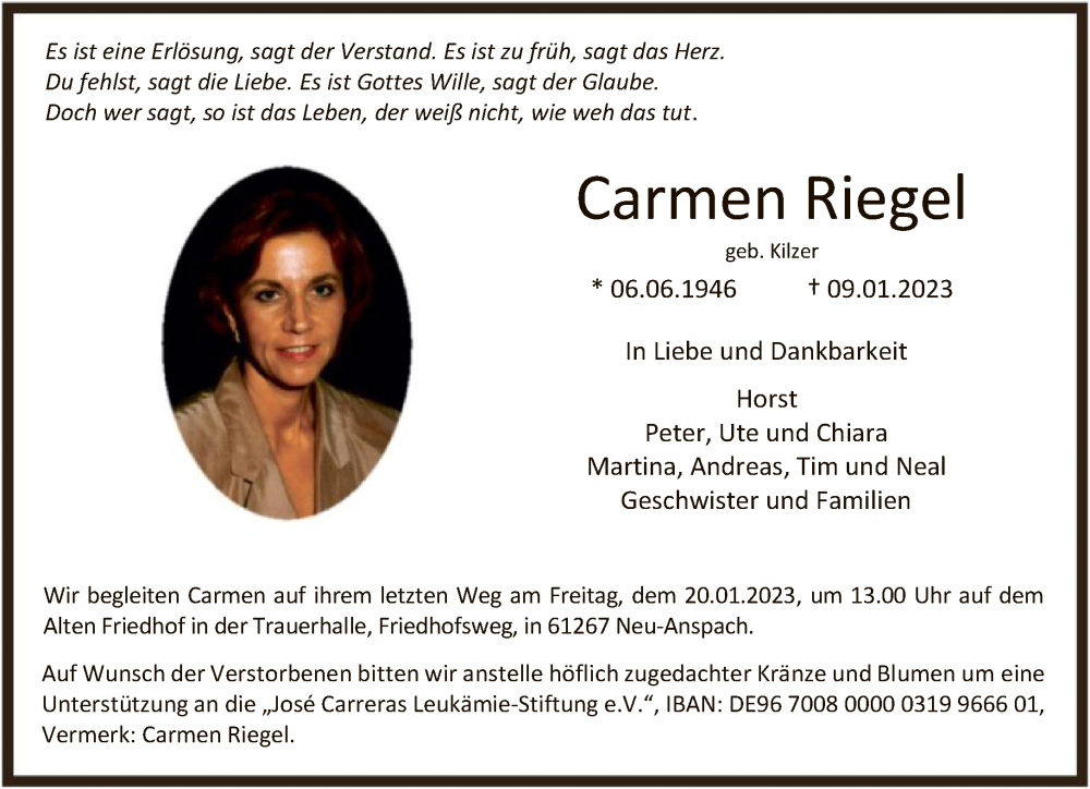 Traueranzeige für Carmen Riegel vom 14.01.2023 aus FNP