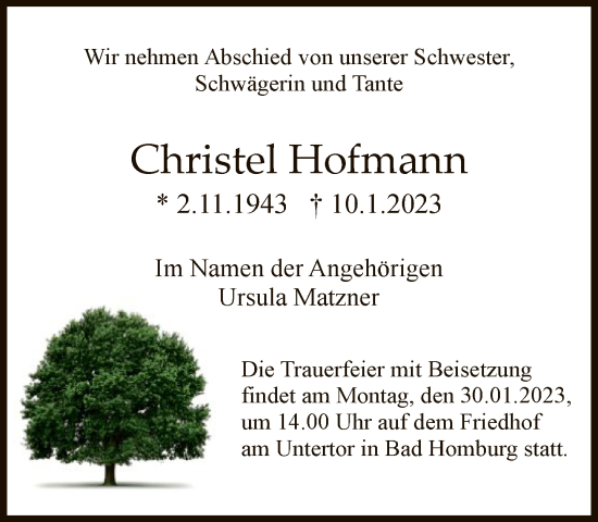 Traueranzeige von Christel Hofmann von FNP