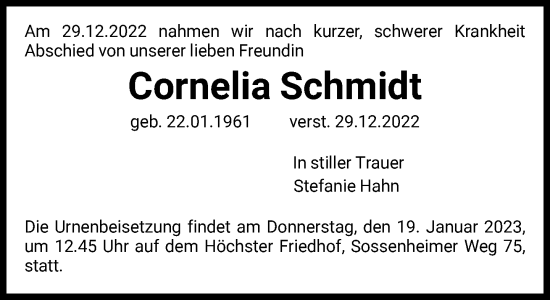 Traueranzeige von Cornelia Schmidt von FNP