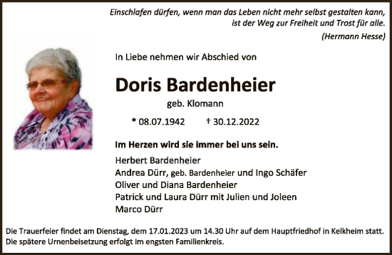 Traueranzeige von Doris Bardenheier von FNP