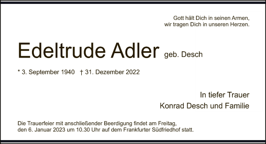 Traueranzeige von Edeltrude Adler von FNP