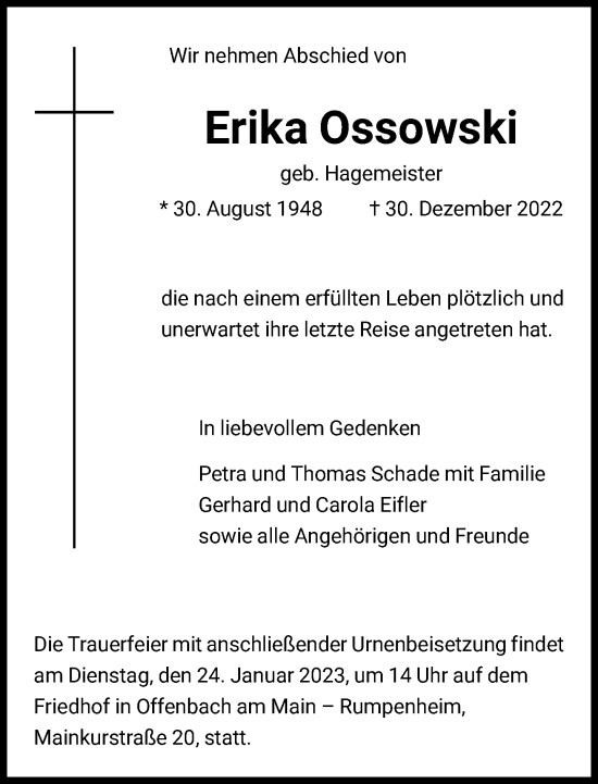 Traueranzeige von Erika Ossowski von FNP