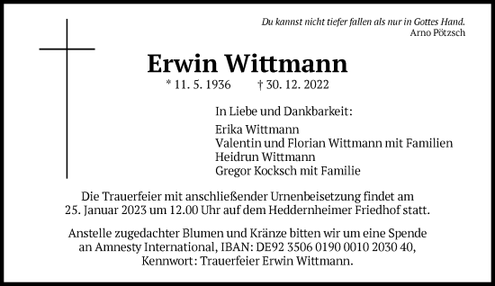 Traueranzeige von Erwin Wittmann von FNP