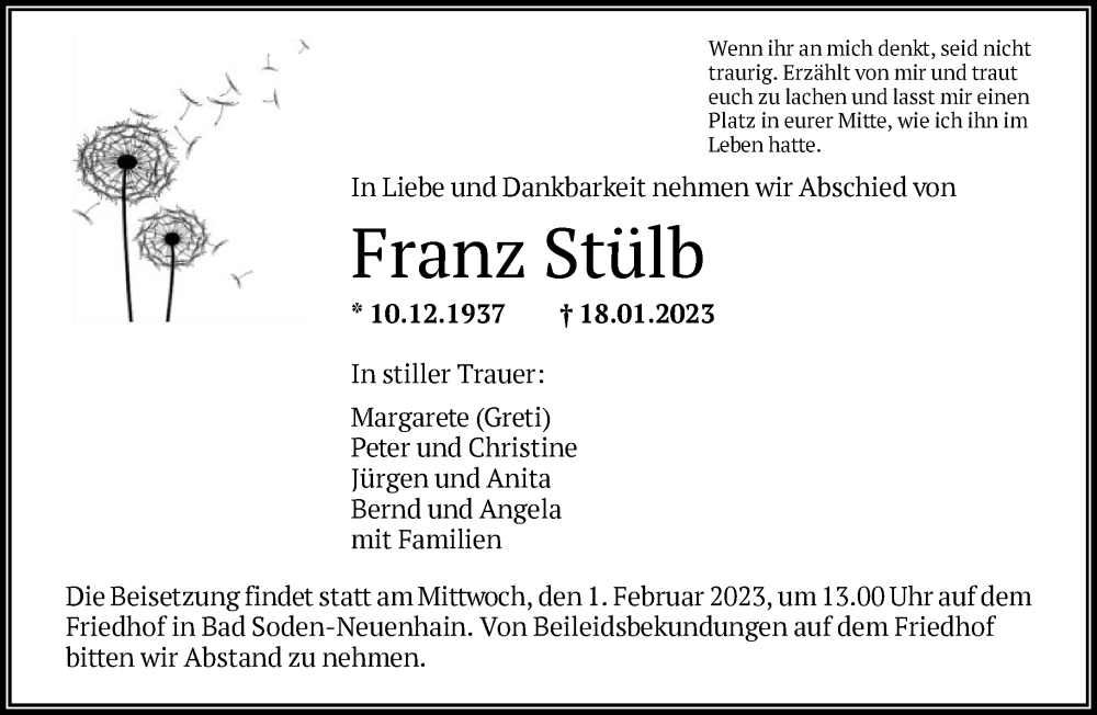  Traueranzeige für Franz Stülb vom 24.01.2023 aus FNP