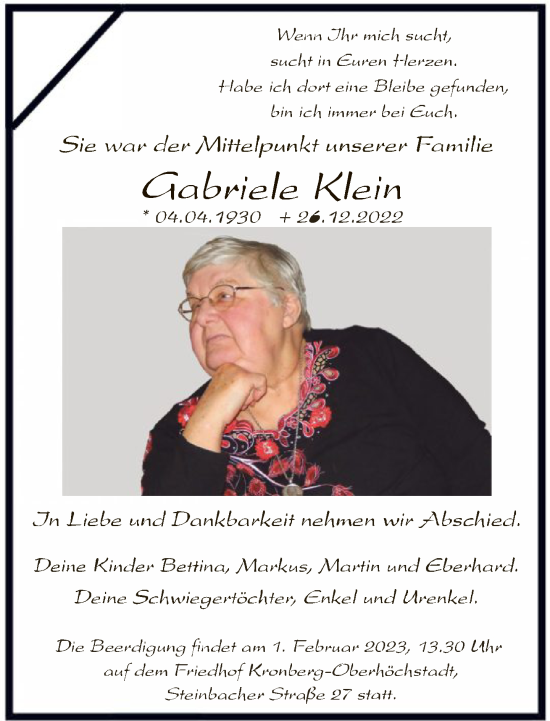 Traueranzeige von Gabriele Klein von FNP