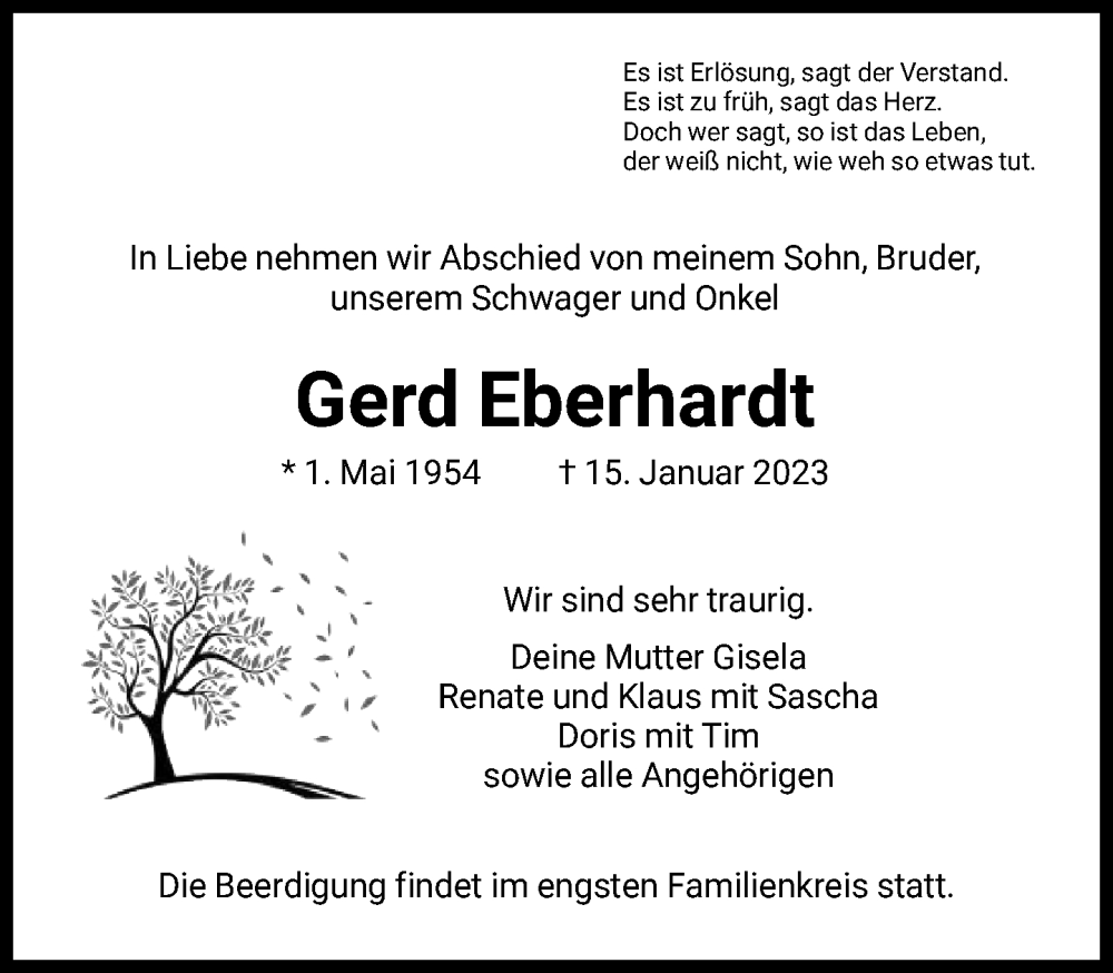  Traueranzeige für Gerd Eberhardt vom 20.01.2023 aus FNP