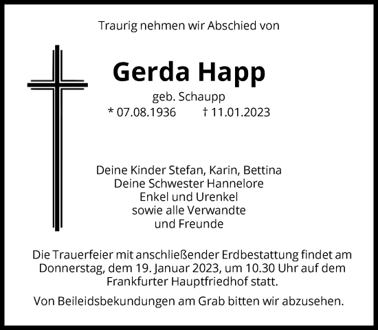 Traueranzeige von Gerda Happ von FNP