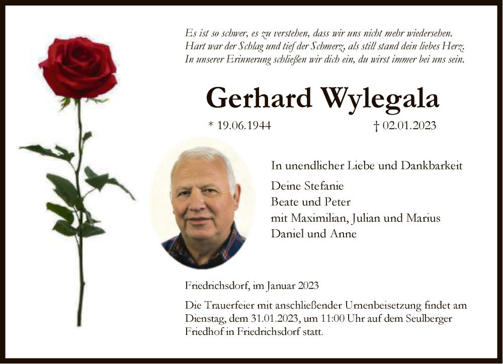  Traueranzeige für Gerhard Wylegala vom 21.01.2023 aus FNP