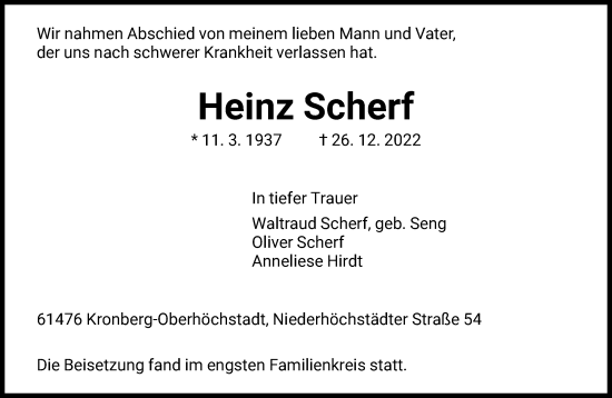 Traueranzeige von Heinz Scherf von FNP