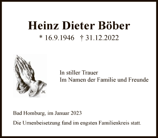 Traueranzeige von Heinz Dieter Böber von FNP