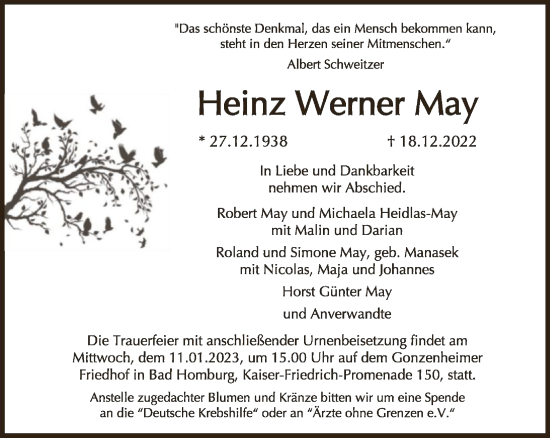 Traueranzeige von Heinz Werner May von FNP