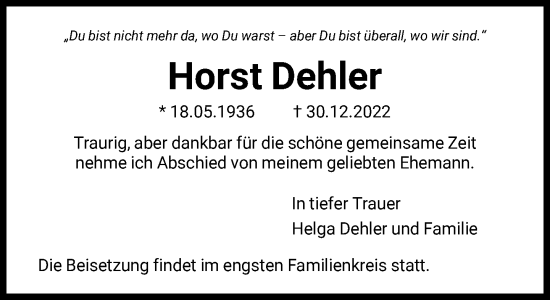 Traueranzeige von Horst Dehler von FNP