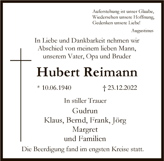 Traueranzeige von Hubert Reimann von FNP