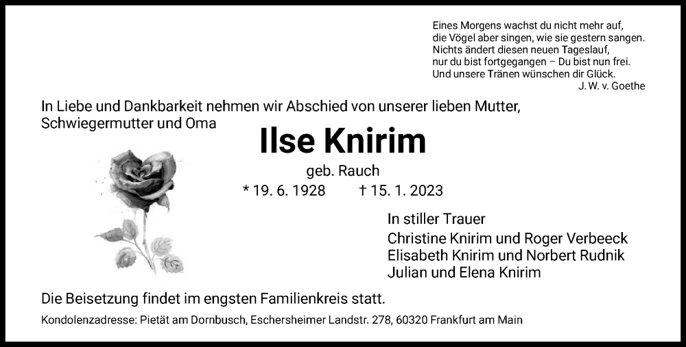 Traueranzeige für Ilse Knirim vom 21.01.2023 aus FNP