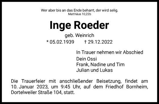 Traueranzeige von Inge Roeder von FNP